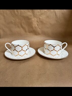 Fitz & Floyd Nevaeh White Set of 2 Bone China Teacups and Saucer. 8oz